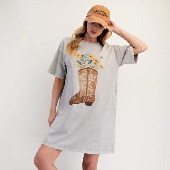 New Easel Western Boho Boots Floral Mineral Washed T-Shirt Dress Stone Ash - Picture 6 of 6